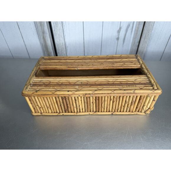 Vintage Rattan Bamboo Rectangle Tissue Box MCM Tikki Boho Decor